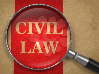 Civil Law. Magnifying Glass on Old Paper with Red Vertical Line.