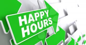 Happy Hours on Direction Sign - Green Arrow on a Grey Background.