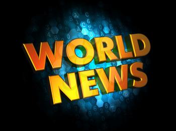 World News - Gold 3D Words on Dark Digital Background.