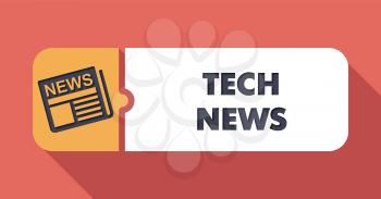 Tech News Button in Flat Design with Long Shadows on Scarlet Background.