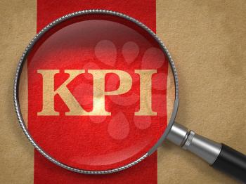 KPI. Magnifying Glass on Old Paper with Red Vertical Line.