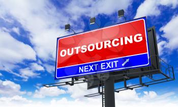 Outsourcing - Red Billboard on Sky Background. Business Concept.