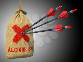 Alcoholism Three Arrows Hit in Red Mark Target on a Hanging Sack on Grey Background.