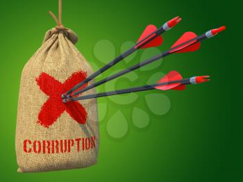 Corruption - Three Arrows Hit in Red Target on a Hanging Sack on Green Background.