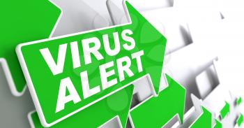 Virus Alert on Direction Sign - Green Arrow on a Grey Background.