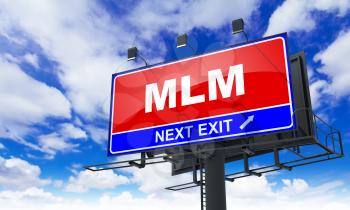 MLM - Red Billboard on Sky Background. Business Concept.