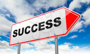 Success - Inscription on Red Road Sign on Sky Background.