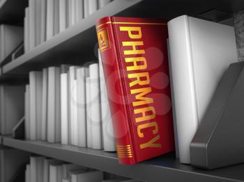Pharmacy - Red Book on the Black Bookshelf between white ones.