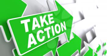 Take Action on Direction Sign - Green Arrow on a Grey Background.