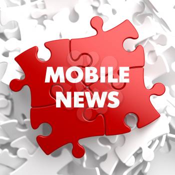 Mobile News on Red Puzzle on White Background.