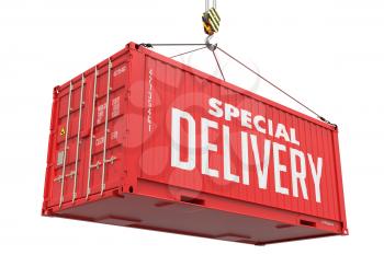 Special Delivery - Red Cargo Container hoisted with hook Isolated on White Background.