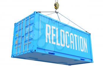 Relocation - Blue Cargo Container hoisted with hook Isolated on White Background.