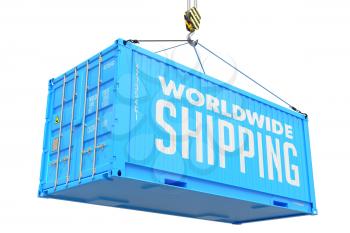 World Wide Delivery - Blue Cargo Container hoisted with hook Isolated on White Background.