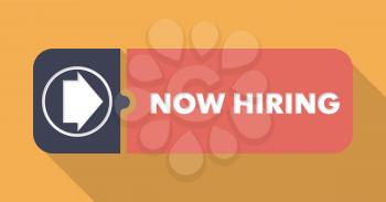 Now Hiring Button in Flat Design with Long Shadows on Orange Background.
