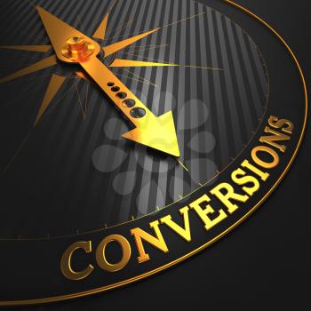 Conversions - Business Background. Golden Compass Needle on a Black Field.