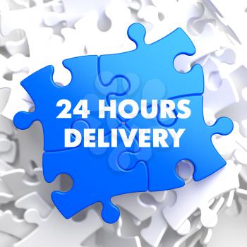 24 hours Delivery on Blue Puzzle on White Background.