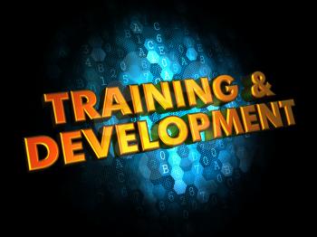 Training and Development - Golden Color Text on Dark Blue Digital Background.