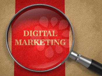 Digital Marketing Inscription Through Magnifying Glass on Red Background