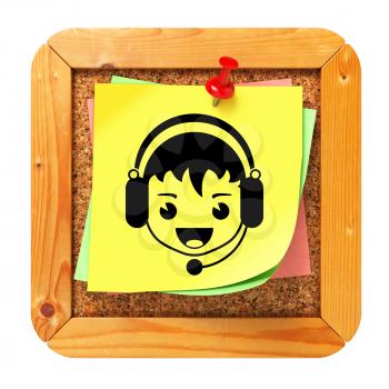 Face with Headset Icon on Yellow Sticker on Cork Message Board. Live Support Concept.