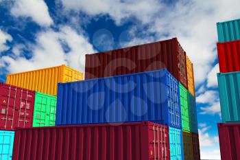 Stacked Colorful Cargo Containers on Sky Background.