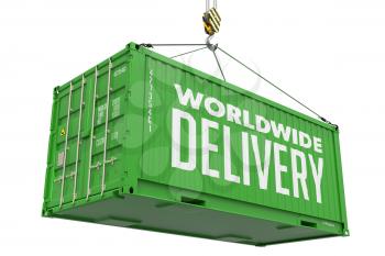 World Wide Delivery - Green Cargo Container hoisted with hook Isolated on White Background.