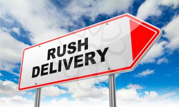 Rush Delivery - Inscription on Red Road Sign on Sky Background.