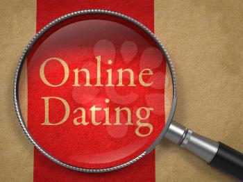 Online Dating through Magnifying Glass on Old Paper with Red Vertical Line.