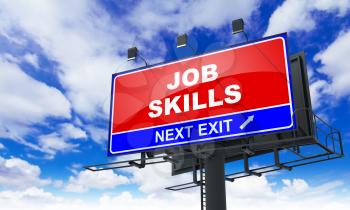 Job Skills - Red Billboard on Sky Background. Business Concept.