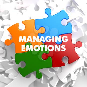 Managing Emotions  on Multicolor Puzzle on White Background.