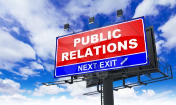Public Relations - Red Billboard on Sky Background. Business Concept.