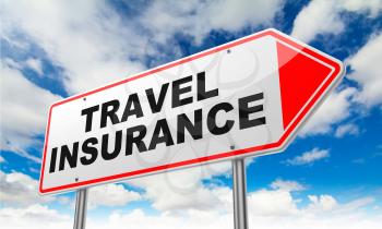 Travel Insurance - Inscription on Red Road Sign on Sky Background.