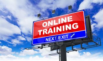 Online Training - Red Billboard on Sky Background. Business Concept.