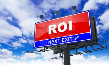 Roi - Red Billboard on Sky Background. Business Concept.