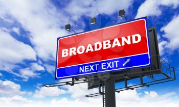 Broadband - Red Billboard on Sky Background. Business Concept.