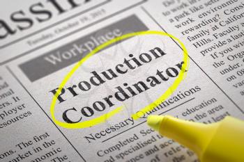 Production Coordinator Jobs in Newspaper. Job Search Concept.