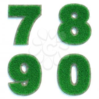 Digits 7, 8, 9, 0 - Set of Green Lawn on White Background in 3d.