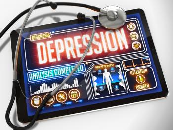 Medical Tablet with the Diagnosis of Depression on the Display and a Black Stethoscope on White Background.