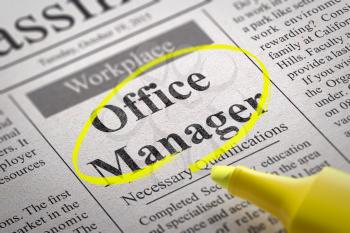 Office Manager Jobs in Newspaper. Job Search Concept.
