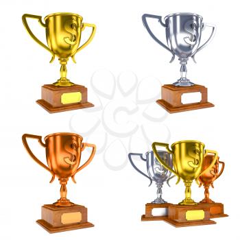 Set of 3D Trophy Cups with Dollar Sign. Competition Concept.
