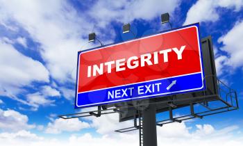 Integrity - Red Billboard on Sky Background. Business Concept.