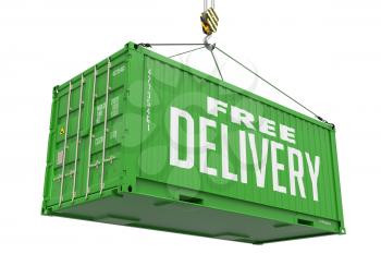 Free Delivery - Green Cargo Container hoisted with hook Isolated on White Background.