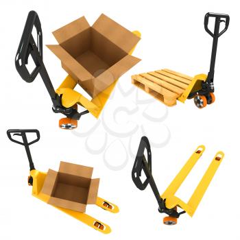 Shipment Concepts - Set of 3D Pallet Truck and Open Cardboard Boxes.