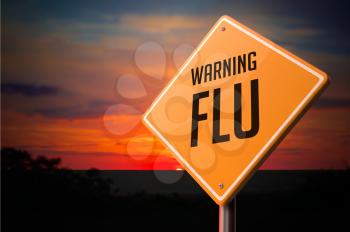Flu on Warning Road Sign on Sunset Sky Background.