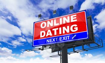 Online Dating - Red Billboard on Sky Background. Business Concept.