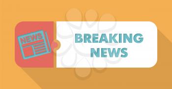 Breaking News Button in Flat Design with Long Shadows on Blue Background.