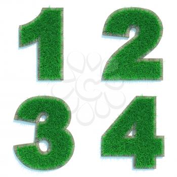 Digits 1, 2, 3, 4 - Set of Green Lawn on White Background in 3d.