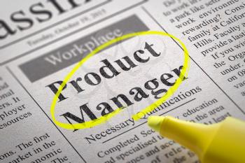 Product Manager Vacancy in Newspaper. Job Seeking Concept.