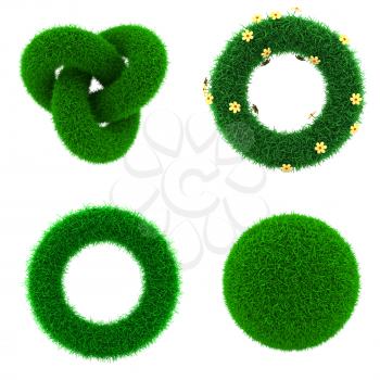 Decor Elements of Green Grass in Different Forms on White Background.