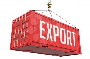Export - Red Cargo Container hoisted with hook Isolated on White Background.