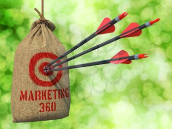 Marketing 360 - Three Arrows Hit in Red Target on a Hanging Sack on Green Bokeh Background.